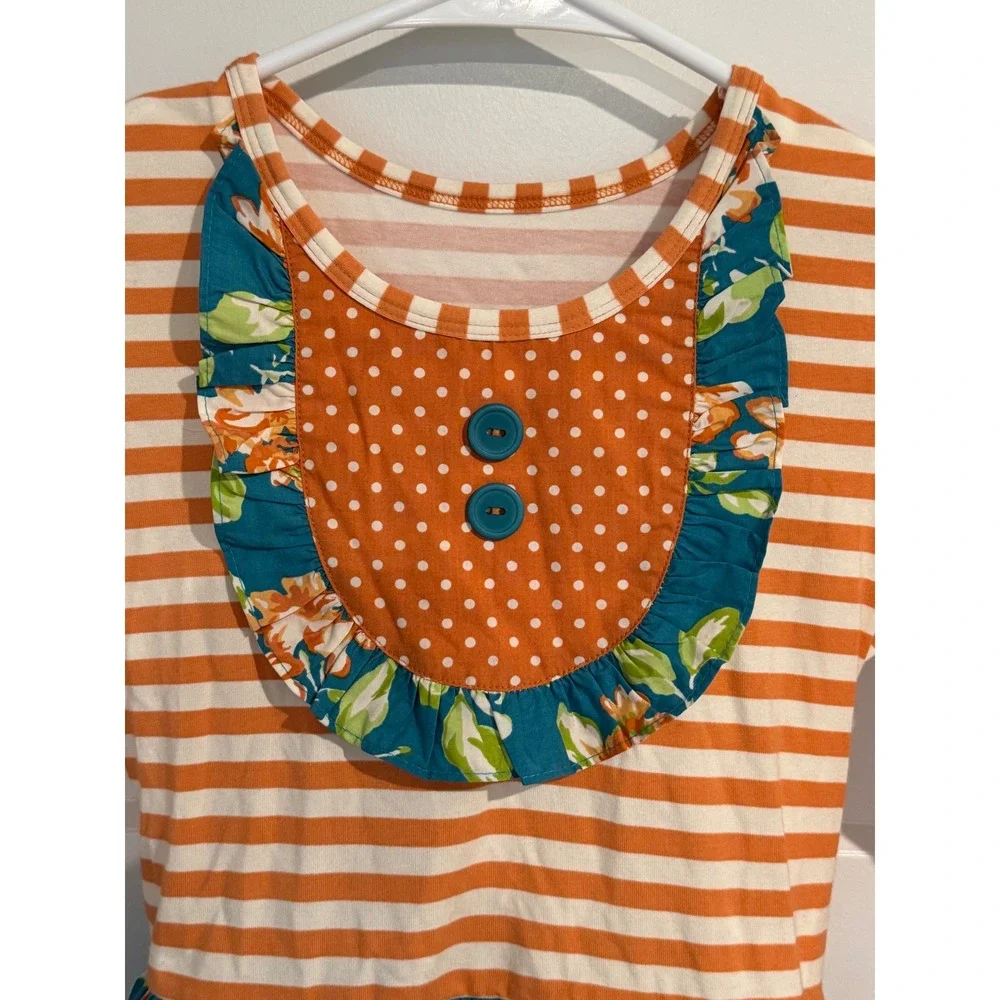 Eleanor Rose Girls Orange Teal Floral Striped Ruffle Dress Size 7-8 RHONDA 1198